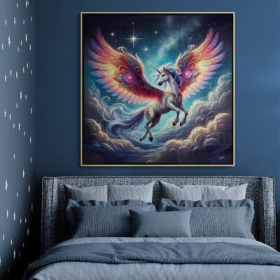 Celestial Winged Unicorn | Magical Kid's Fantasy Wall Art with Cosmic Wings
