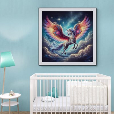Celestial Winged Unicorn | Magical Kid's Fantasy Wall Art with Cosmic Wings