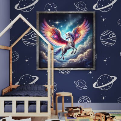 Celestial Winged Unicorn | Magical Kid's Fantasy Wall Art with Cosmic Wings