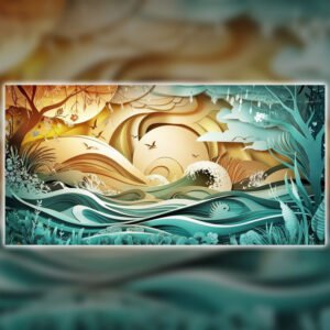 Abstract Nature Landscape Wall Art – Layered Paper-Cut Style Sunrise in Teal & Gold | Modern Organic Decor Print