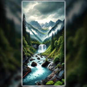 Misty Mountain Waterfall | Serene Nature Landscape Wall Art