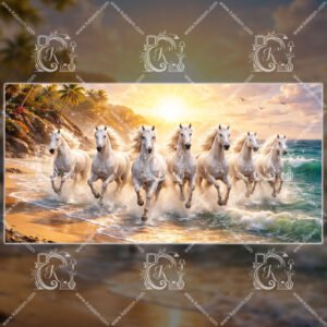 Seven white horses running on beach at sunrise vastu prosperity wall art
