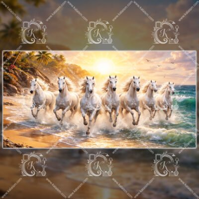 Seven white horses running on beach at sunrise vastu prosperity wall art