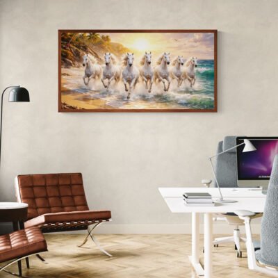 Framed seven white horses wall art displayed in modern office interior