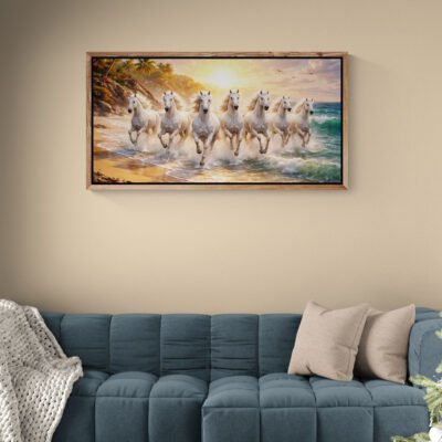 Large seven white horses vastu wall art above sofa in living room