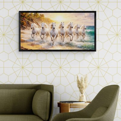Seven white horses prosperity wall art with modern geometric background