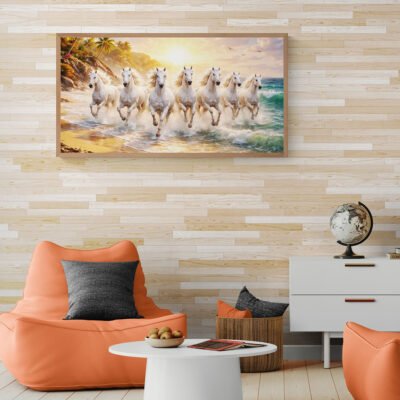 Seven white horses running at sunrise framed wall art in modern home