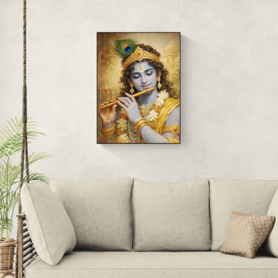 Serene Lord Krishna Playing Flute | Divine Smiling Krishna Wall Art | Traditional Indian Spiritual Painting