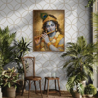 Serene Lord Krishna Playing Flute | Divine Smiling Krishna Wall Art | Traditional Indian Spiritual Painting
