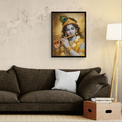 Serene Lord Krishna Playing Flute | Divine Smiling Krishna Wall Art | Traditional Indian Spiritual Painting