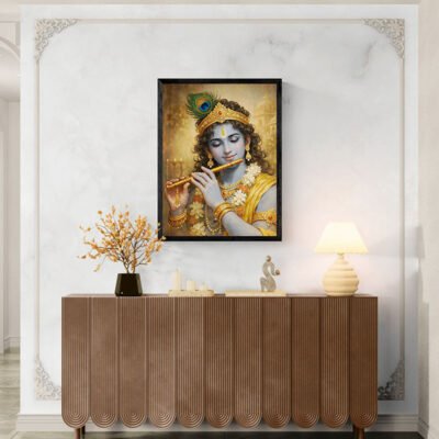 Serene Lord Krishna Playing Flute | Divine Smiling Krishna Wall Art | Traditional Indian Spiritual Painting