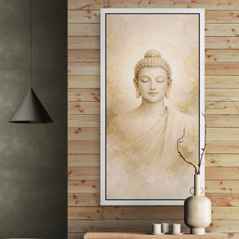 Textured gold Buddha meditation wall art framed in white displayed against wooden panel wall decor.