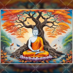 Buddha Meditation Under Bodhi Tree Wall Art | Colorful Zen Nature Artwork