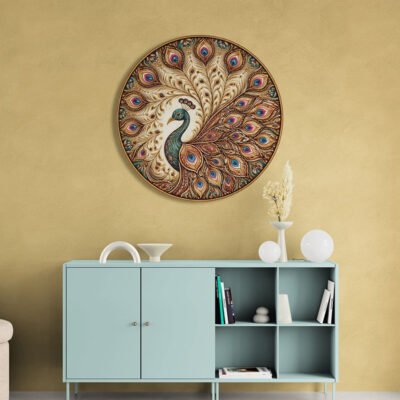Divine Peacock Mandala Art | Ornate Indian Circular Wall Art with Gold, Teal & Jewel Tones