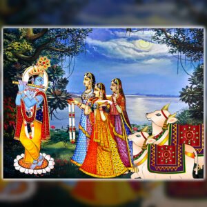 Krishna with Gopis and Sacred Cows | Moonlit Pichwai Devotional Wall Art
