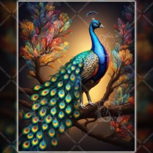 Vibrant Peacock Wall Art – Colorful Feather Elegance in Modern Botanical Style