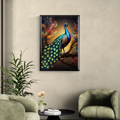 Vibrant Peacock Wall Art – Colorful Feather Elegance in Modern Botanical Style