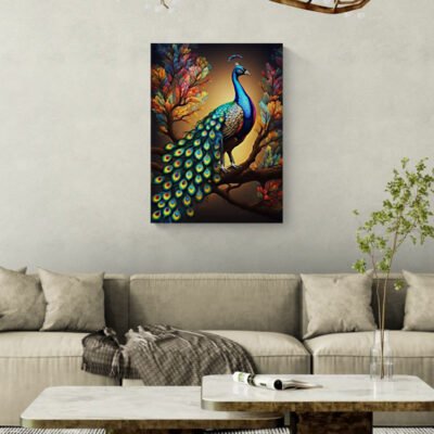 Vibrant Peacock Wall Art – Colorful Feather Elegance in Modern Botanical Style