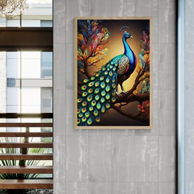 Vibrant Peacock Wall Art – Colorful Feather Elegance in Modern Botanical Style