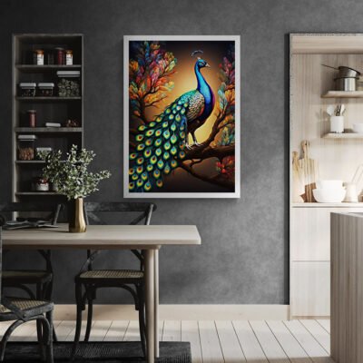 Vibrant Peacock Wall Art – Colorful Feather Elegance in Modern Botanical Style