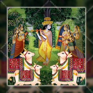 Lord Krishna Playing Flute with Sacred Cows | Traditional Pichwai Gau Leela Wall Art | Indian Devotional Painting