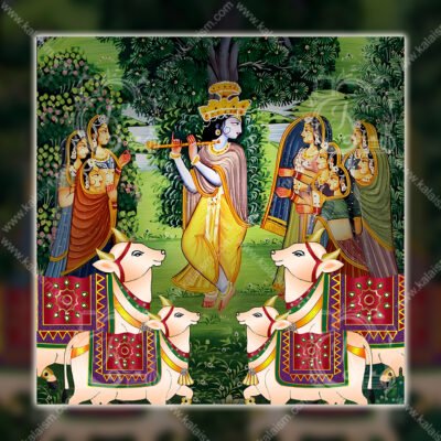 Lord Krishna Playing Flute with Sacred Cows | Traditional Pichwai Gau Leela Wall Art | Indian Devotional Painting