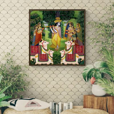 Lord Krishna Playing Flute with Sacred Cows | Traditional Pichwai Gau Leela Wall Art | Indian Devotional Painting