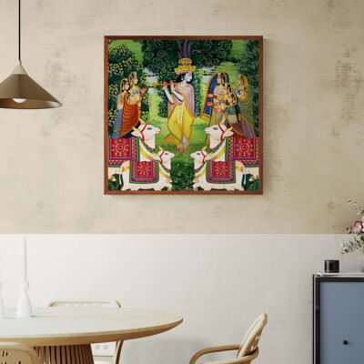 Lord Krishna Playing Flute with Sacred Cows | Traditional Pichwai Gau Leela Wall Art | Indian Devotional Painting