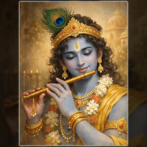 Serene Lord Krishna Playing Flute | Divine Smiling Krishna Wall Art | Traditional Indian Spiritual Painting