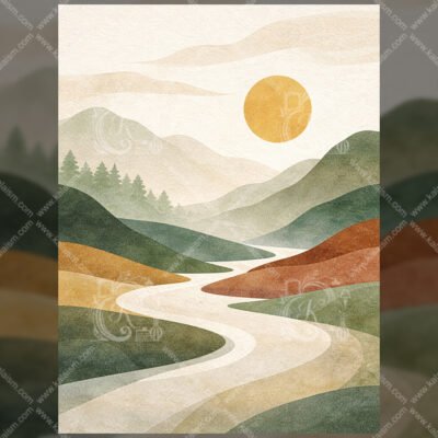 Abstract Nature Landscape Wall Art | Modern Mountains, River & Sun