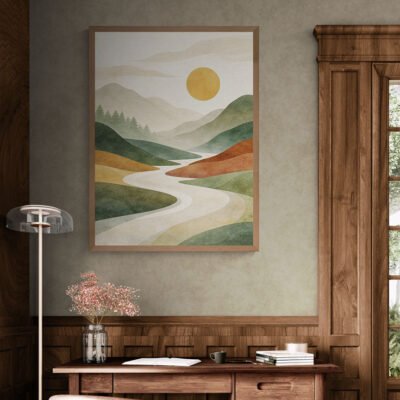 Abstract Nature Landscape Wall Art | Modern Mountains, River & Sun