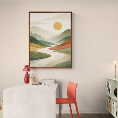 Abstract Nature Landscape Wall Art | Modern Mountains, River & Sun