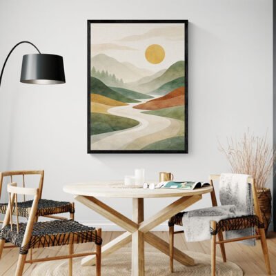Abstract Nature Landscape Wall Art | Modern Mountains, River & Sun