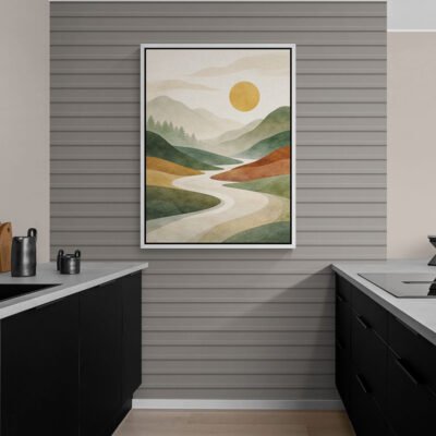 Abstract Nature Landscape Wall Art | Modern Mountains, River & Sun