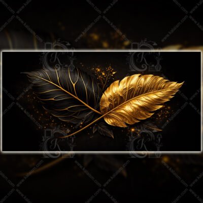 Black and gold botanical wall art featuring two metallic leaves on dark background in horizontal format