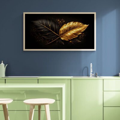 Black and gold leaf canvas wall art displayed in modern kitchen interior with blue wall