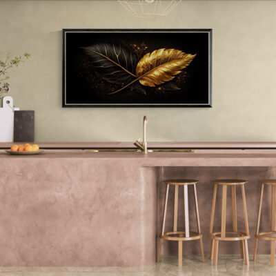 Luxury black and gold botanical wall art framed above kitchen counter with bar stools
