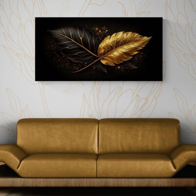 Black and gold leaf wall art canvas displayed above gold sofa in modern living room
