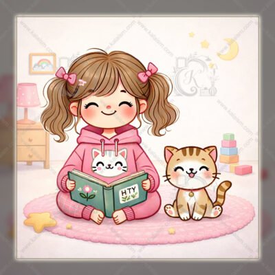 Cute girl reading a book with smiling cat illustration, pastel minimalist kids wall art for nursery and children’s room decor.