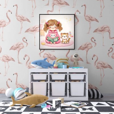 Cute girl reading book with cat wall art displayed in kids playroom with toys and flamingo wallpaper decor.
