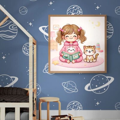 Cute girl reading with cat framed wall art in kids bedroom with space themed wallpaper decor.