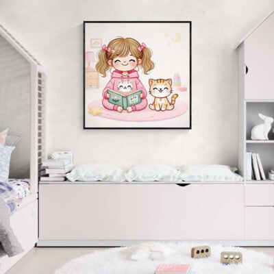 Girl reading book with cat nursery wall art above children’s bed in modern kids room decor.