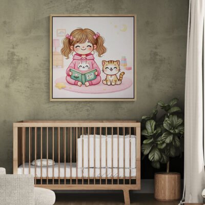 Cute girl reading book with cat nursery wall art above baby crib in modern nursery decor.