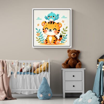 WE Cute Tiger Cub with Bird – Adorable Kids Animal Illustration Wall Art 02 Cute Tiger Cub with Bird | Adorable Kids Animal Illustration Wall Art