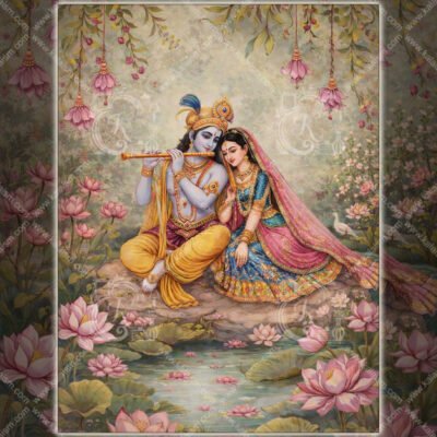 Divine Radha Krishna Playing Flute  Serene Lotus Garden Devotional Wall Art Print