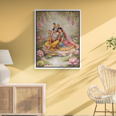 Divine Radha Krishna Playing Flute  Serene Lotus Garden Devotional Wall Art Print