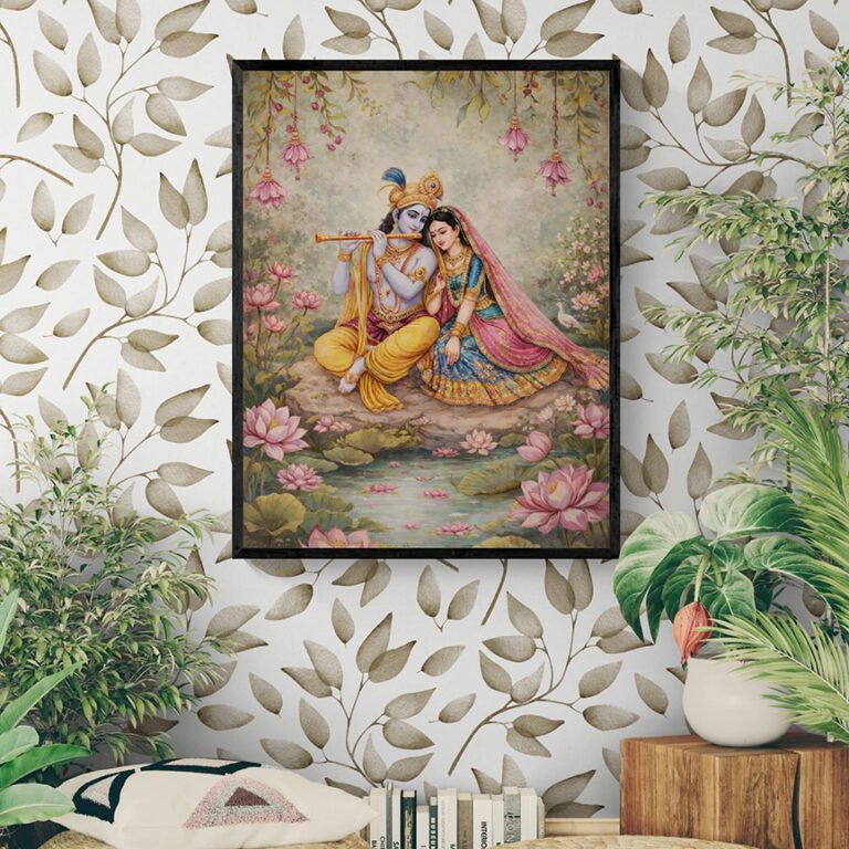 WE Divine Radha Krishna Playing Flute Serene Lotus Garden Devotional Wall Art Print 03