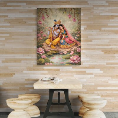 Divine Radha Krishna Playing Flute  Serene Lotus Garden Devotional Wall Art Print