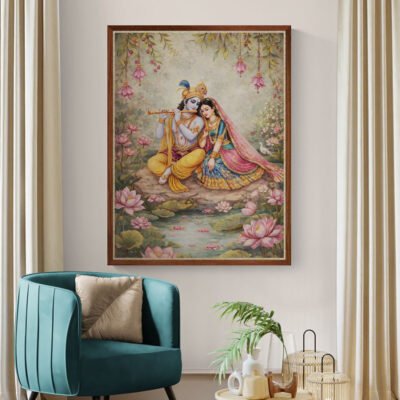 Divine Radha Krishna Playing Flute  Serene Lotus Garden Devotional Wall Art Print