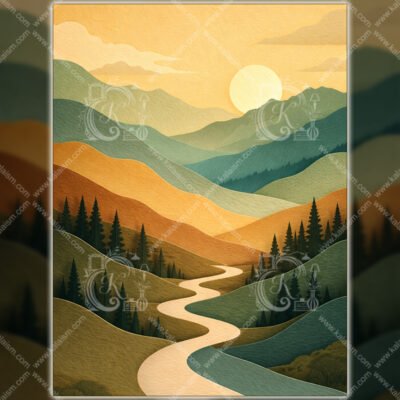 Flat Sunrise Mountain Wall Art  Minimal Nature Landscape  Calm Earth Tone Decor